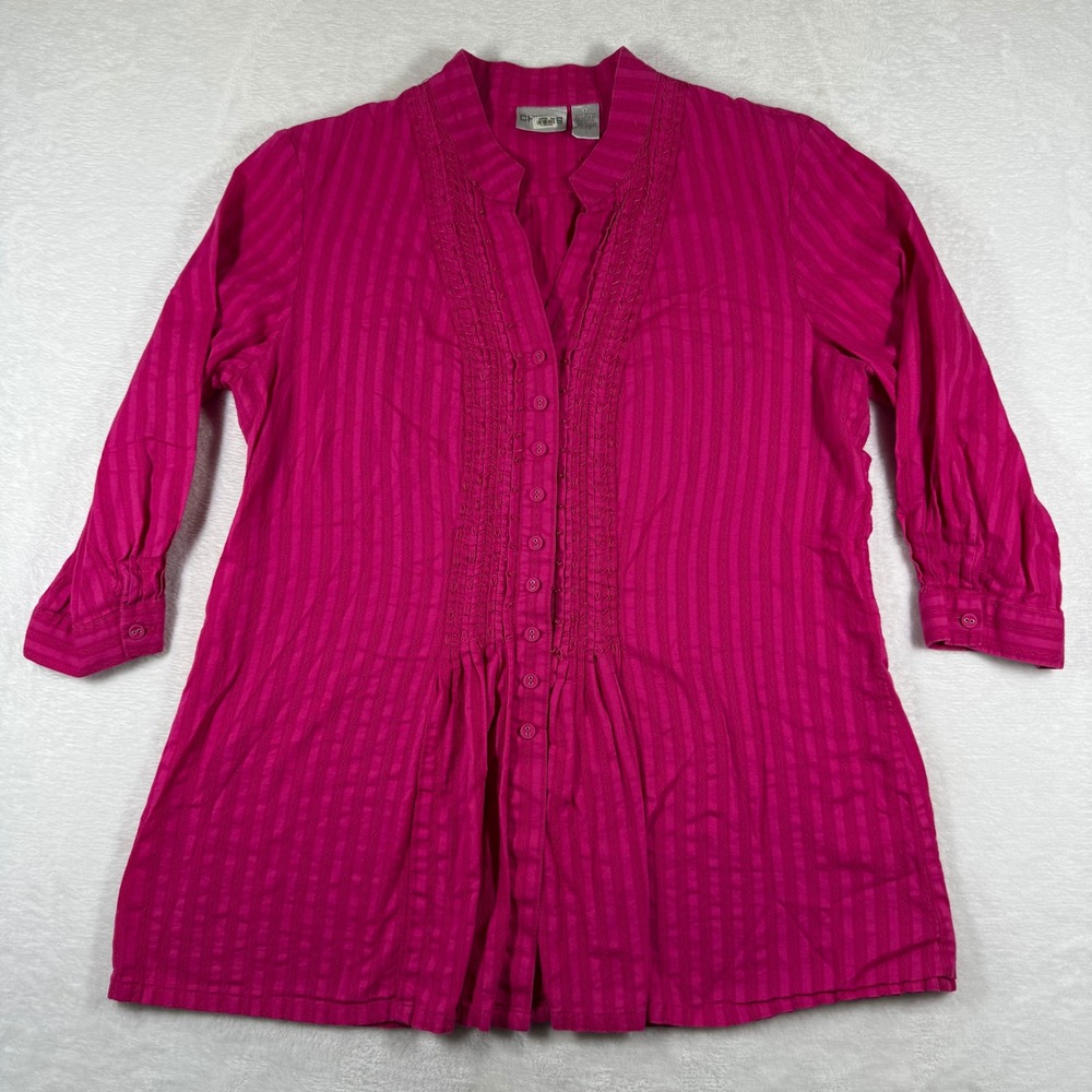 Chico's Pink Striped Cotton Button Down Tunic‎ Blouse Size 2 L 12 Pintuck Boho